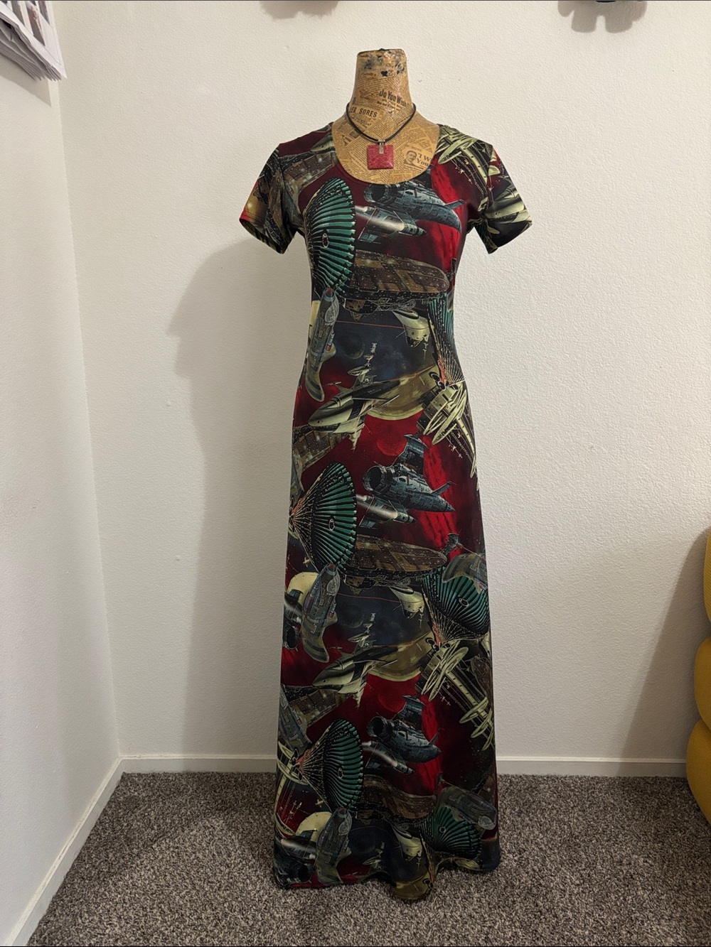vintage Tripp NYC maxi dress all-over graphic print retro sci-fi space stations,